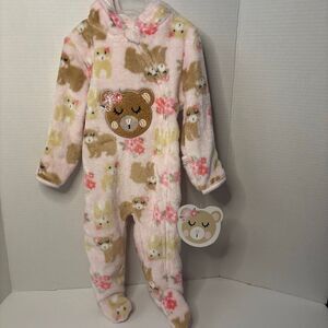 Little Beginnings Baby Girl Fleece Zip Up Teddy Bear Pink Fuzzy One Piece 3-6M